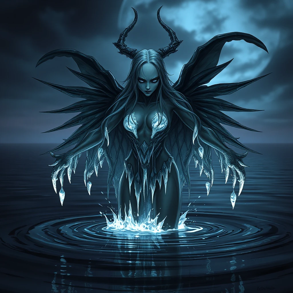 A dramatic portrayal of a female wraith from Elden Ring, emerging from a dark, foreboding lake at twilight, her form shimmering with an icy glow, her eyes reflecting the cold waters, her arms outstretched as if to embrace the encroaching darkness, the scene filled with an ominous silence.