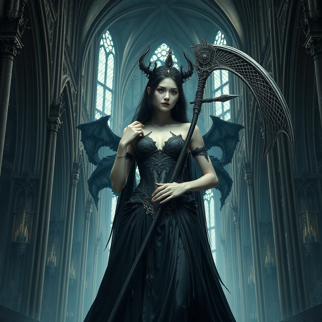 Ker, the goddess of mortality, portrayed in a grand, gothic cathedral, her presence both solemn and majestic, her attire a masterpiece of dark elegance, her scythe resting against her shoulder, her eyes gazing into the infinite abyss of death, the space around her filled with the echoes of countless lives.