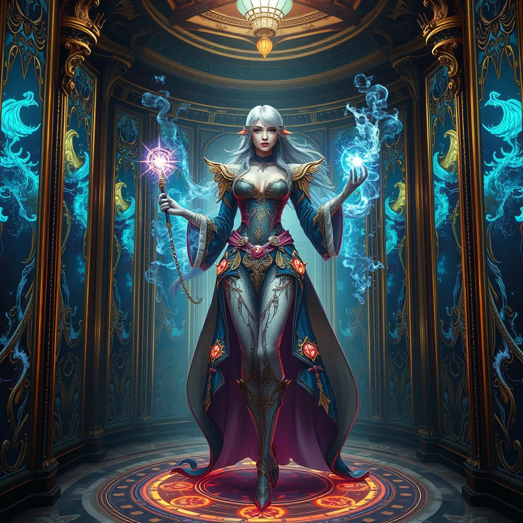 A magnificent female mage within a grand hall of mirrors, each reflecting her image surrounded by different magical effects, her outfit a masterpiece of intricate design and glowing runes