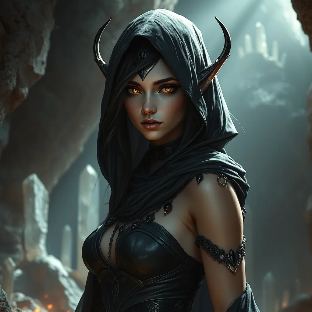 A mysterious dark elf lady, cloaked in shadows and adorned with obsidian jewelry, her eyes piercing and enigmatic, standing in a cavern bathed in the light of a thousand crystals.