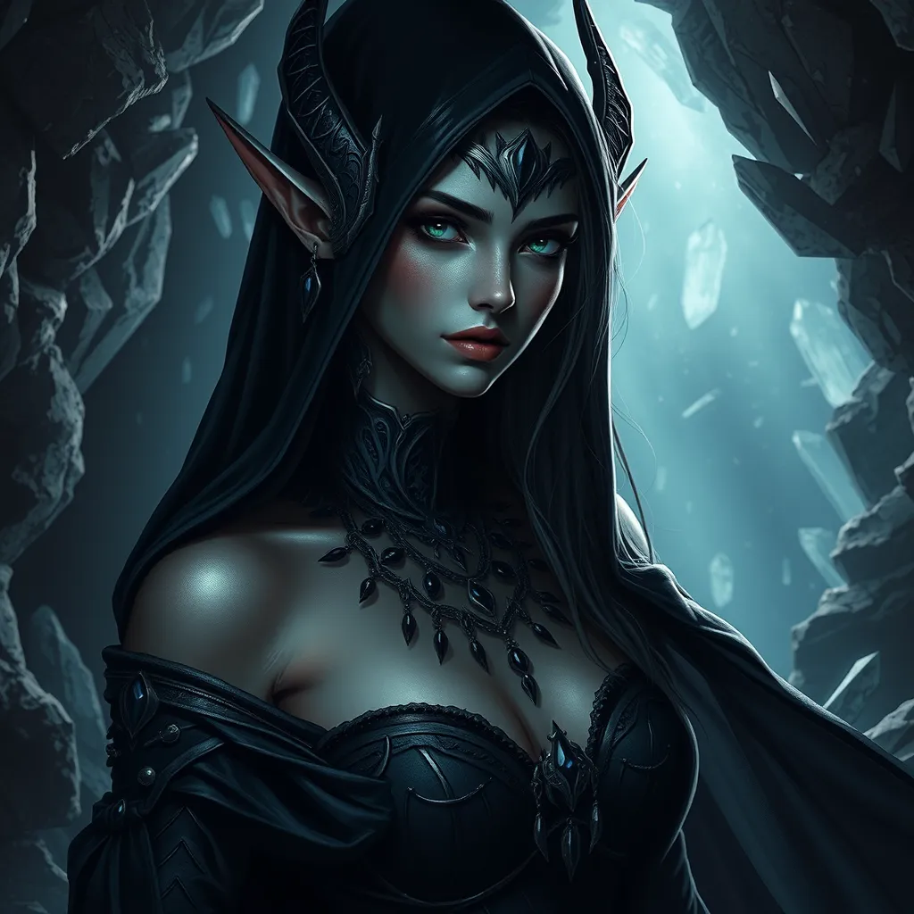 A mysterious dark elf lady, cloaked in shadows and adorned with obsidian jewelry, her eyes piercing and enigmatic, standing in a cavern bathed in the light of a thousand crystals.