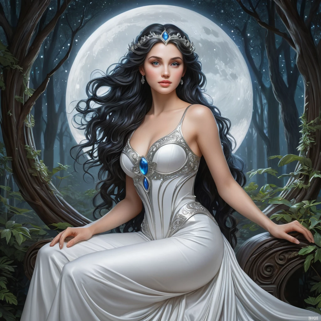 In a mystical forest clearing, Selene, the moon goddess, sits gracefully on a crescent-shaped throne made of moonstone. Her eyes shimmer like the night sky, and her hair cascades like a river of light, reflecting the gentle moonlight that filters through the trees.