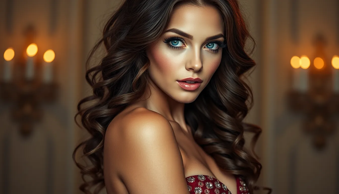 A stunning woman with piercing blue eyes and long, curly brown hair, posing in a elegant evening gown