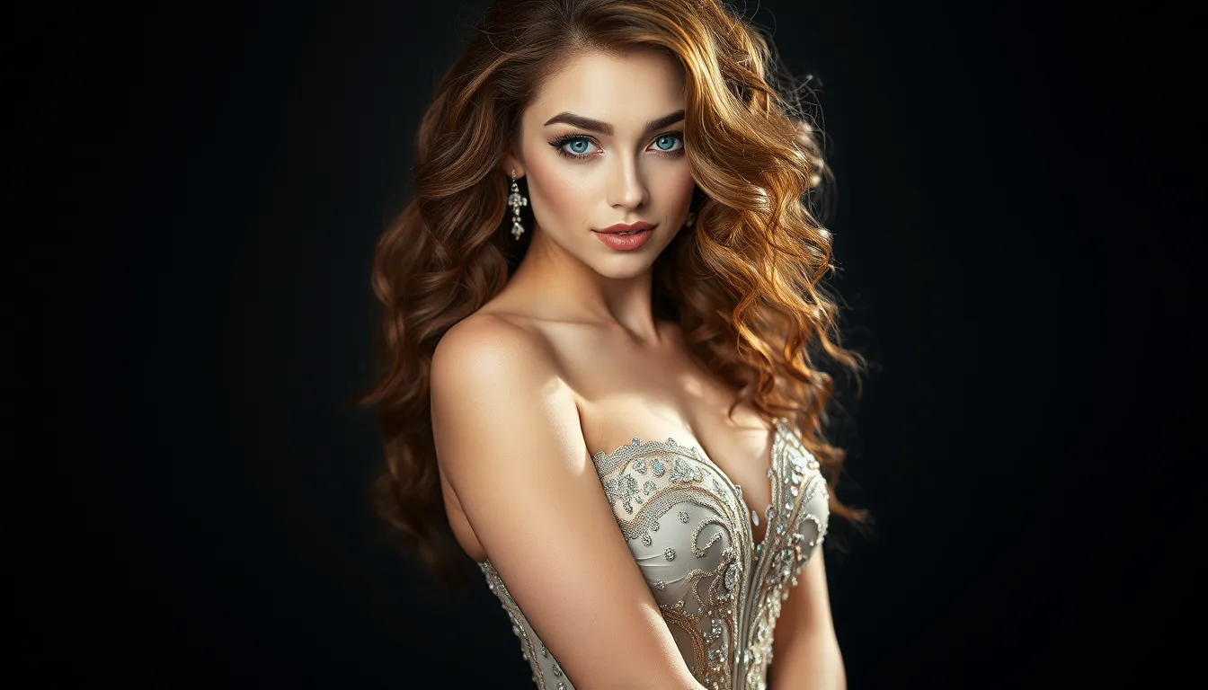 A stunning woman with piercing blue eyes and long, curly brown hair, posing in a elegant evening gown