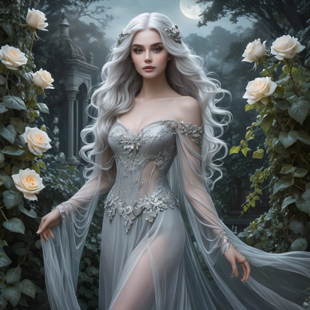 A translucent female ghost, ethereally beautiful, with long flowing silver hair and eyes that glow like moonlight, floating above a misty, overgrown Victorian garden at twilight, with roses and ivy intertwining in the background.