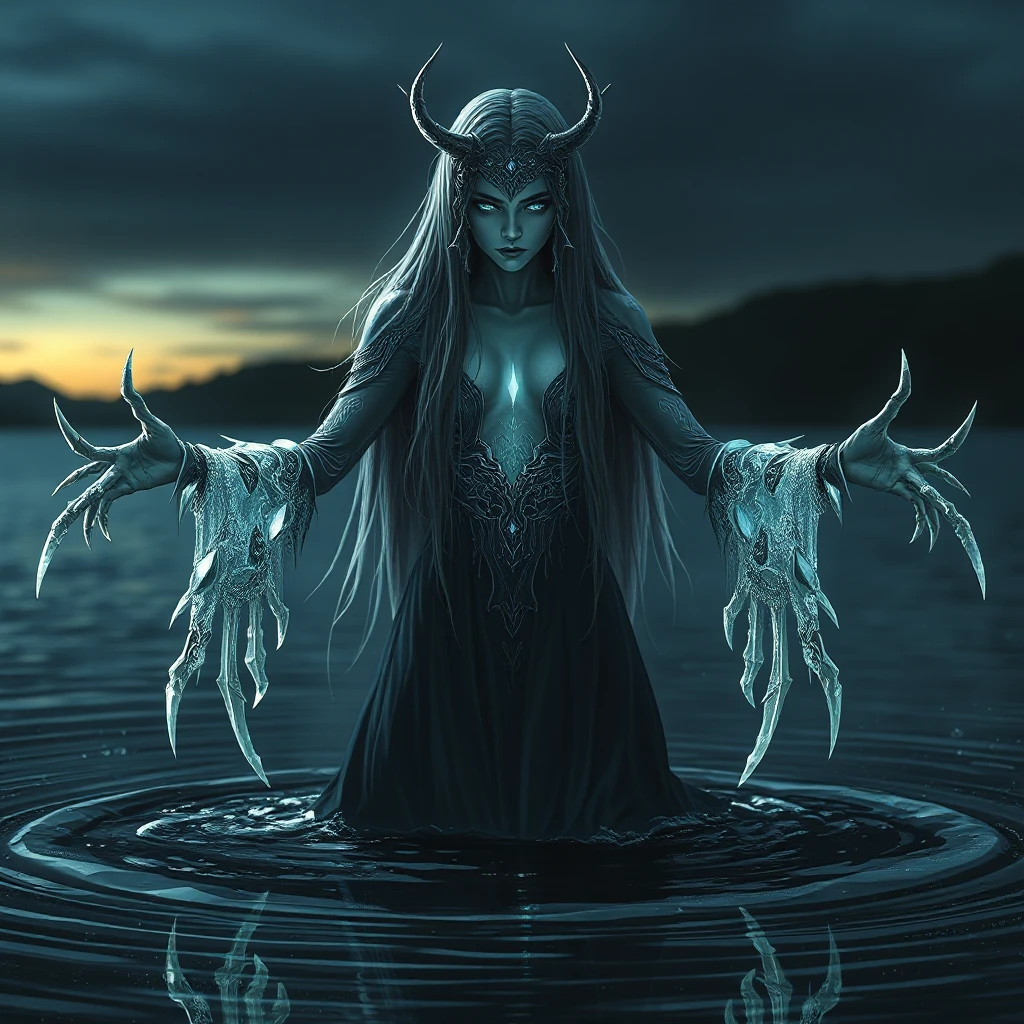 A dramatic portrayal of a female wraith from Elden Ring, emerging from a dark, foreboding lake at twilight, her form shimmering with an icy glow, her eyes reflecting the cold waters, her arms outstretched as if to embrace the encroaching darkness, the scene filled with an ominous silence.