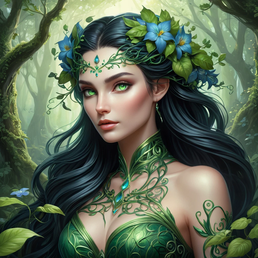 A majestic Morgana, her body composed of interwoven vines and blooming night-blooming flowers, floats above a misty forest floor, her eyes a luminous green, captured in a vibrant, fantasy illustration style.