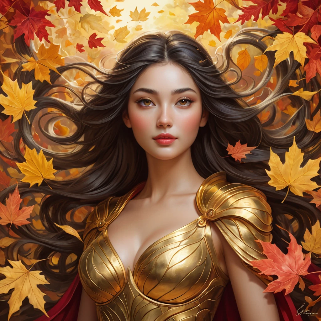 Irelia in a surrealistic scene, surrounded by a whirlwind of autumn leaves, each leaf painted in vivid hues of gold and crimson, her figure almost translucent, blending seamlessly with the natural elements.