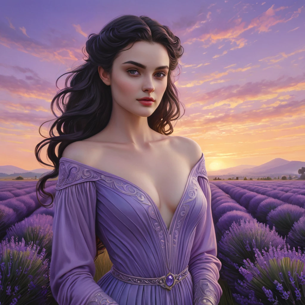 Morgana, the embodiment of twilight, stands in a field of lavender under a sky painted with the hues of dusk, her silhouette softly illuminated by the last rays of the setting sun, portrayed in a soft, dreamy pastel style.