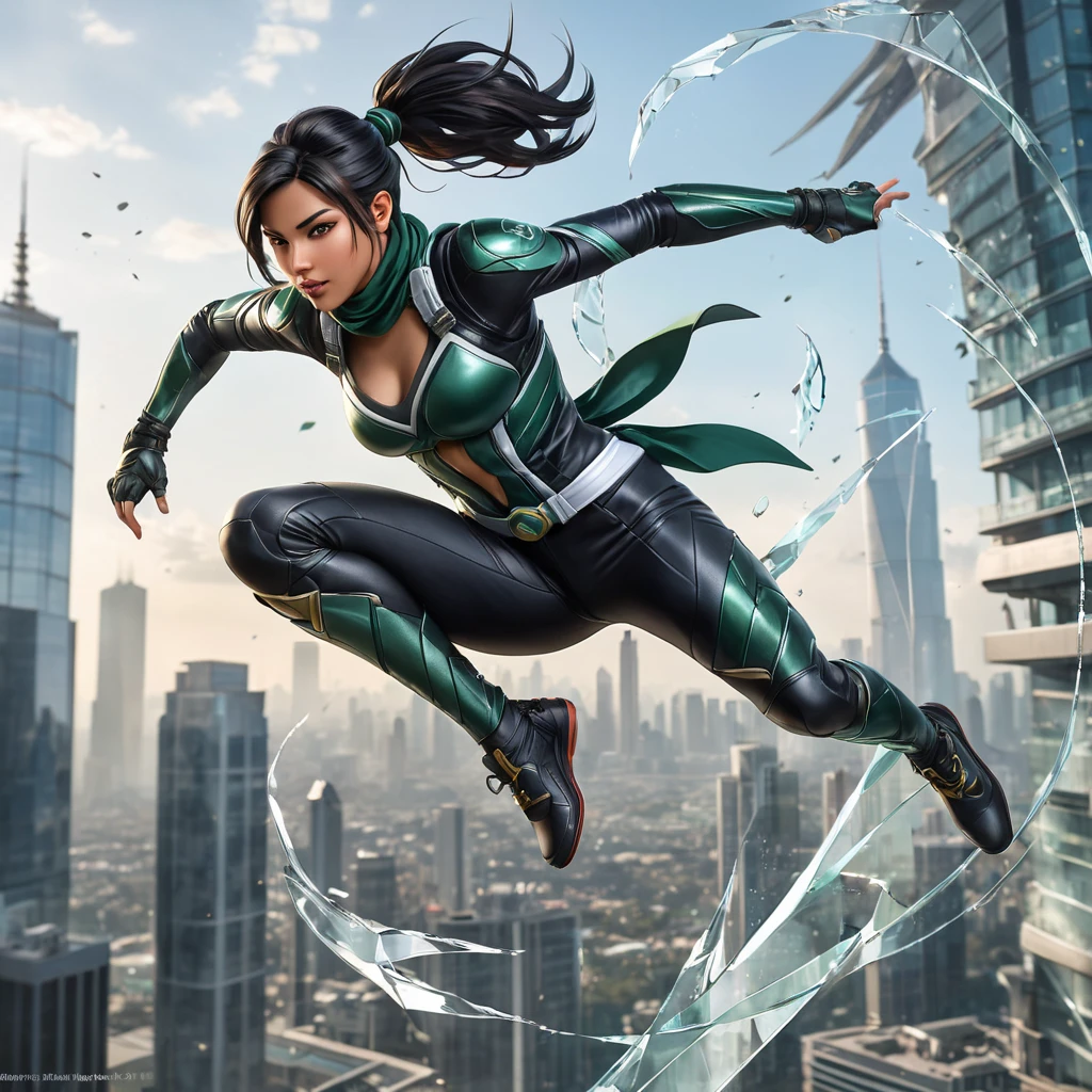 An action-ready Akali, leaping through the air in a black leather combat suit, with a cityscape skyline visible through a shattered glass window behind her.