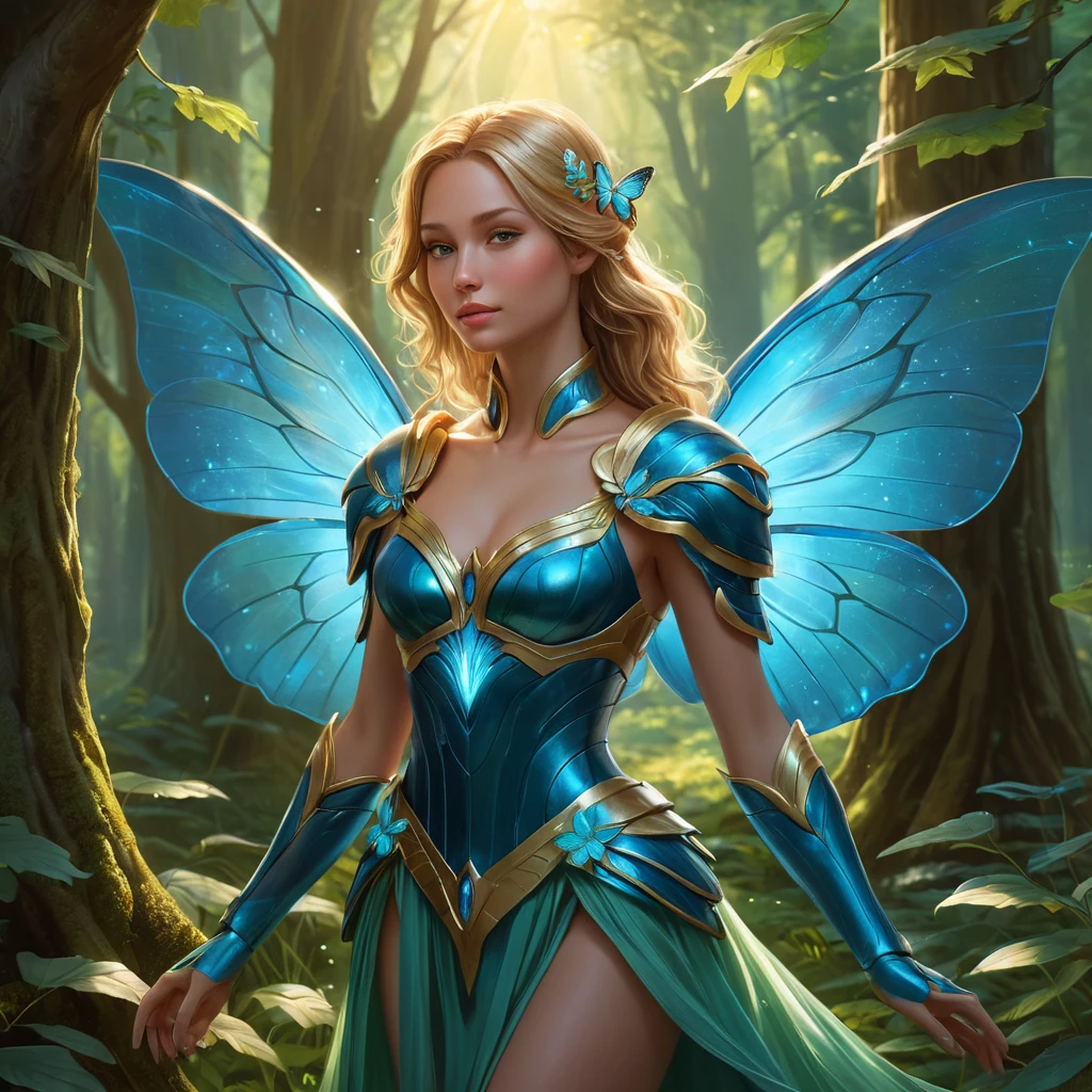 Imagine Kayle in a serene forest glade, her armor transformed into a gown of leaves and flowers, her wings shimmering with bioluminescent light, as she gently touches a glowing butterfly floating by.