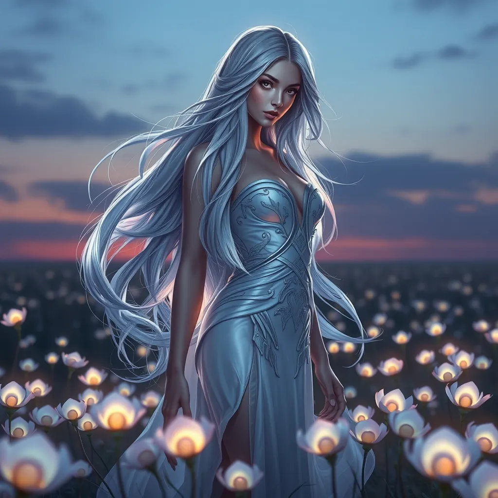 A stunning Irelia, with her hair flowing like liquid silver under a twilight sky, standing amidst a field of luminescent irises that glow with a soft, otherworldly light, emphasizing her ethereal beauty.