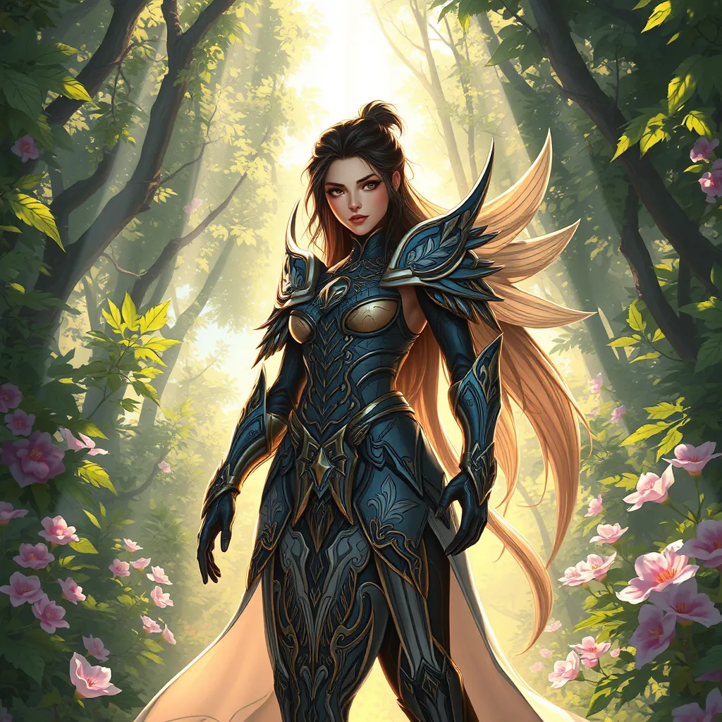 A digital illustration of Irelia, her armor intricately detailed with patterns of leaves and flowers, standing in a sunlit glade, where beams of light pierce through the foliage, highlighting her serene yet powerful stance.