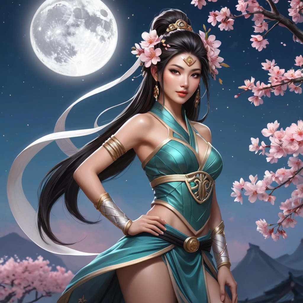 An ethereal Akali, surrounded by a halo of cherry blossom petals, her outfit a blend of traditional and modern styles, set against a twilight sky with a full moon.