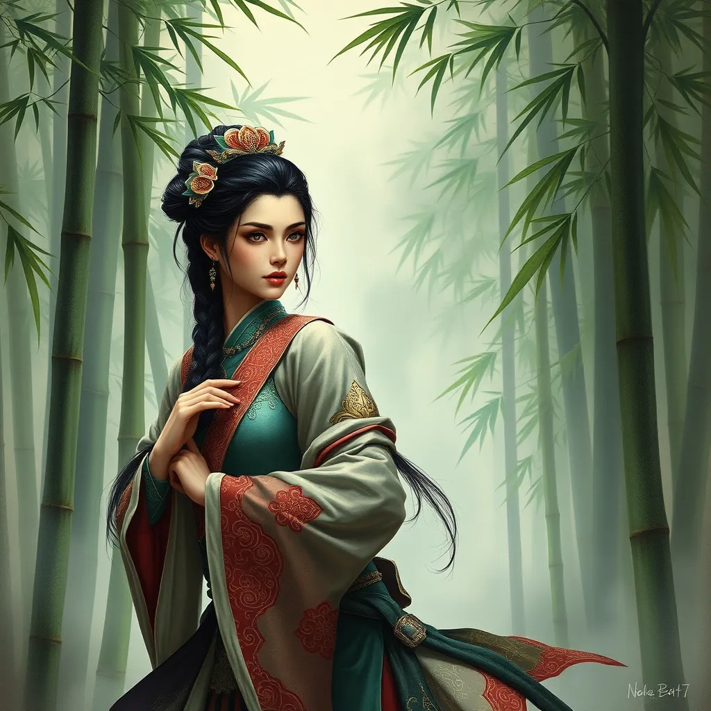 A stunning Akali, rendered in the style of a classic oil painting, with intricate details highlighting her traditional attire and the serene backdrop of a misty bamboo forest.