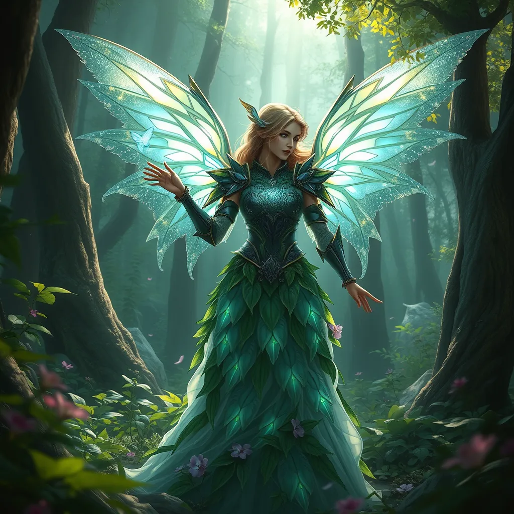 Imagine Kayle in a serene forest glade, her armor transformed into a gown of leaves and flowers, her wings shimmering with bioluminescent light, as she gently touches a glowing butterfly floating by.