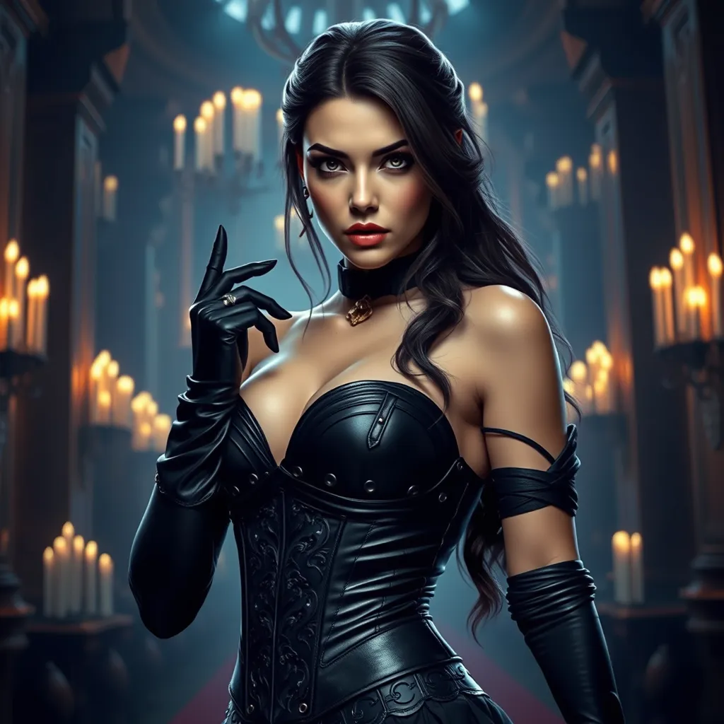 Ahri, styled in a gothic, black leather corset and long gloves, her features sharp and intense, posed in a grand, candlelit hall, the atmosphere both dark and enchanting, showcasing her alluring mystique.