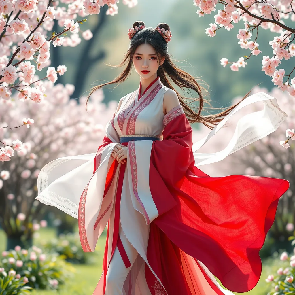 A mesmerizing Ahri, her attire a blend of traditional Korean hanbok and modern elegance, standing in a serene garden of cherry blossoms, the wind gently stirring her garments, enhancing her graceful and alluring presence.