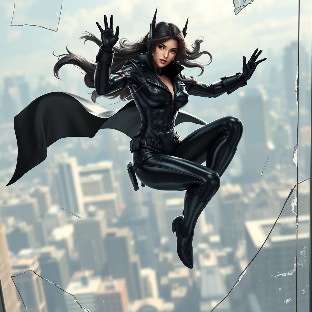 An action-ready Akali, leaping through the air in a black leather combat suit, with a cityscape skyline visible through a shattered glass window behind her.