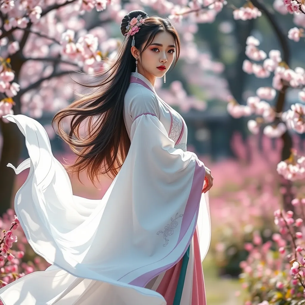 A mesmerizing Ahri, her attire a blend of traditional Korean hanbok and modern elegance, standing in a serene garden of cherry blossoms, the wind gently stirring her garments, enhancing her graceful and alluring presence.