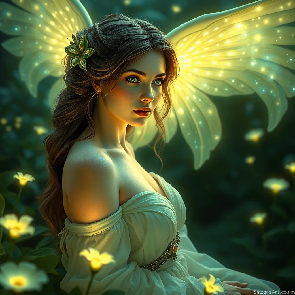 Seraphine, the angelic muse, depicted in a tranquil garden where bioluminescent plants illuminate her ethereal beauty, her eyes reflecting the cosmos, Stable Diffusion SDXL