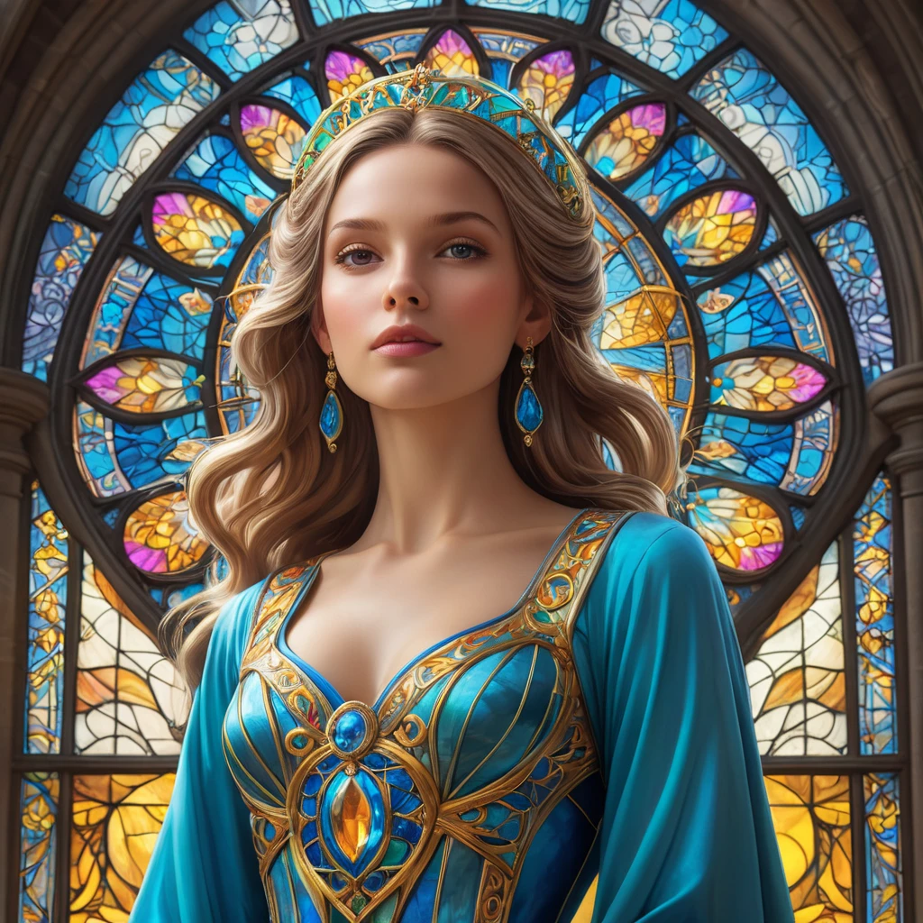 A vision of Seraphine in a grand cathedral, where stained glass windows cast a kaleidoscope of colors upon her, highlighting her serene countenance and the intricate details of her angelic attire, Midjourney