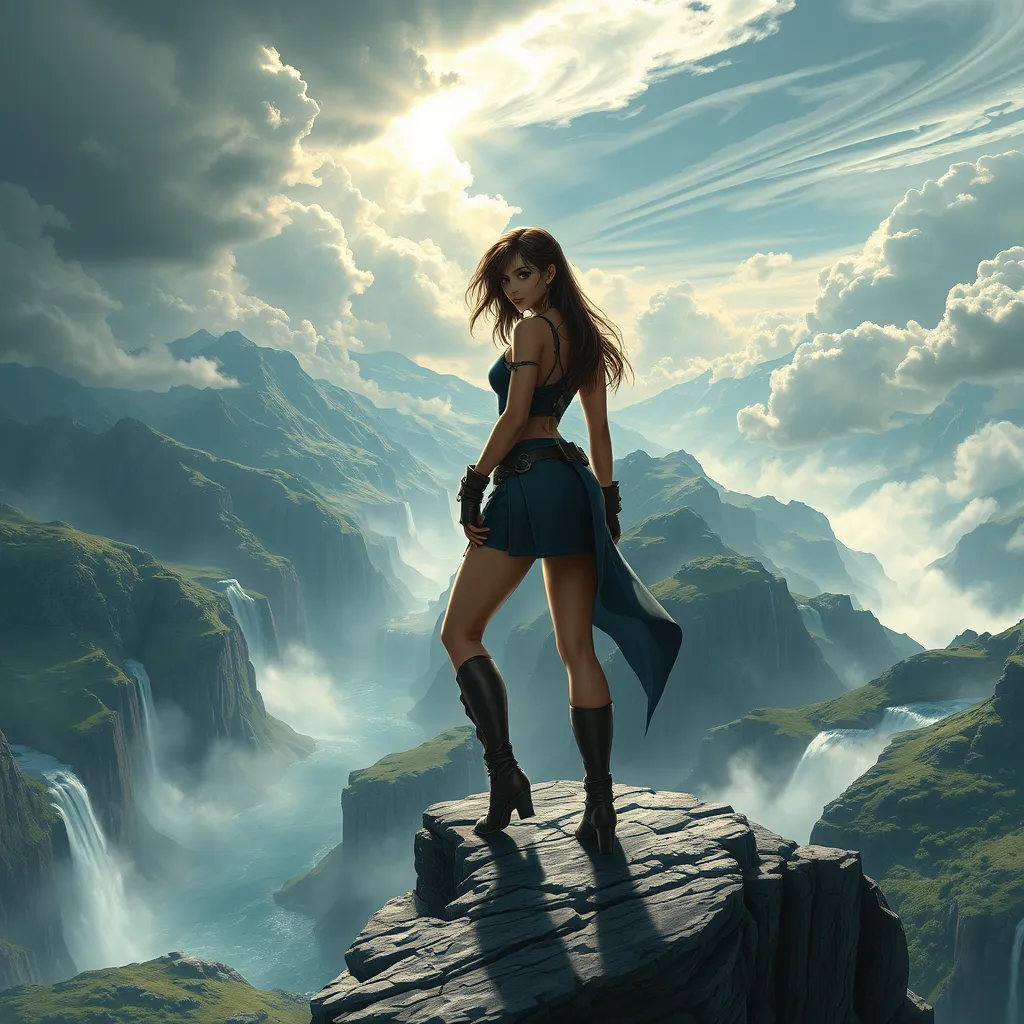 Tifa Lockhart standing at the edge of a cliff, overlooking a vast, mystical landscape of mountains and waterfalls, her pose exuding confidence and serenity, with a dramatic sky filled with swirling clouds