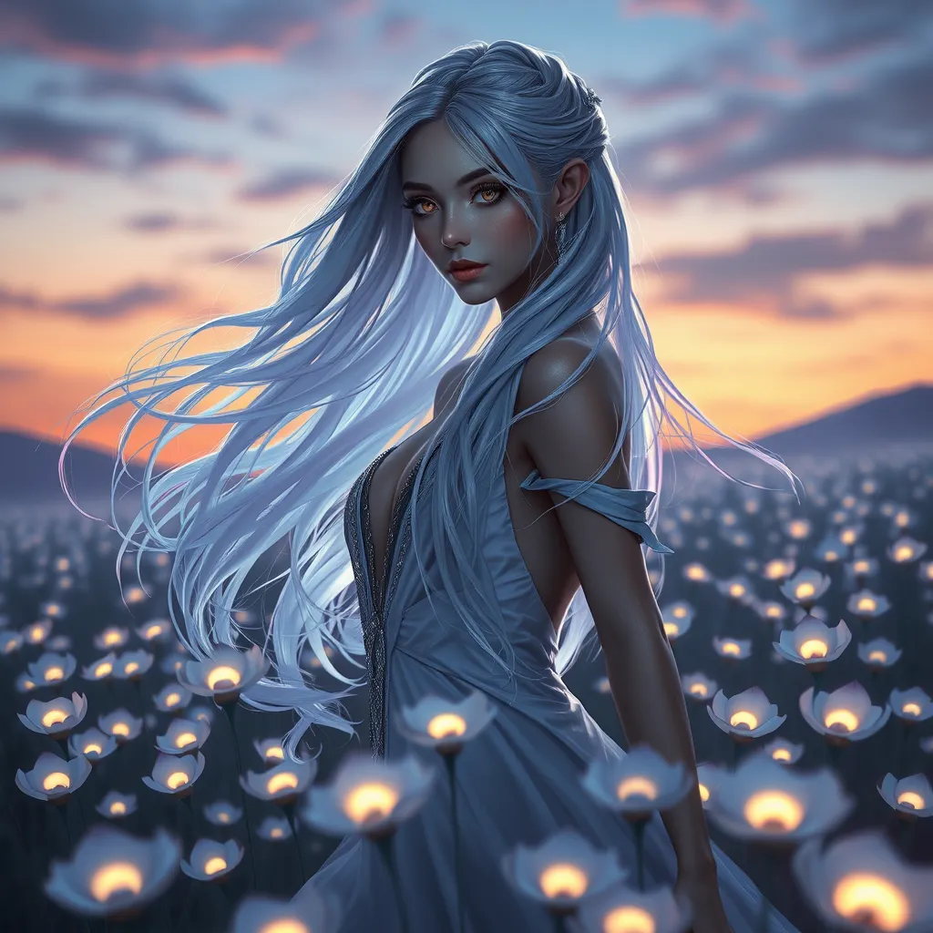 A stunning Irelia, with her hair flowing like liquid silver under a twilight sky, standing amidst a field of luminescent irises that glow with a soft, otherworldly light, emphasizing her ethereal beauty.