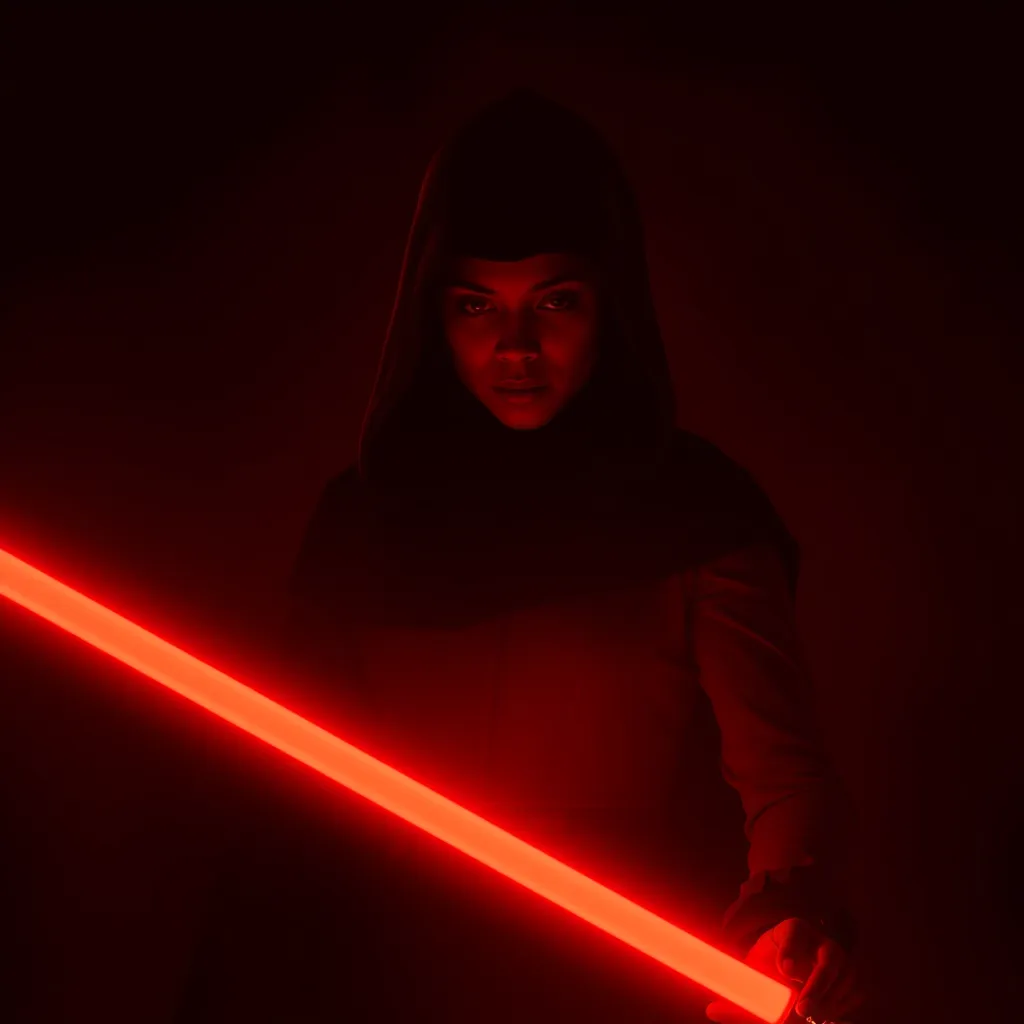 Portrait of a silhouette star wars figure in her red lightsaber, in the style of evocative environmental portraits, dark, red