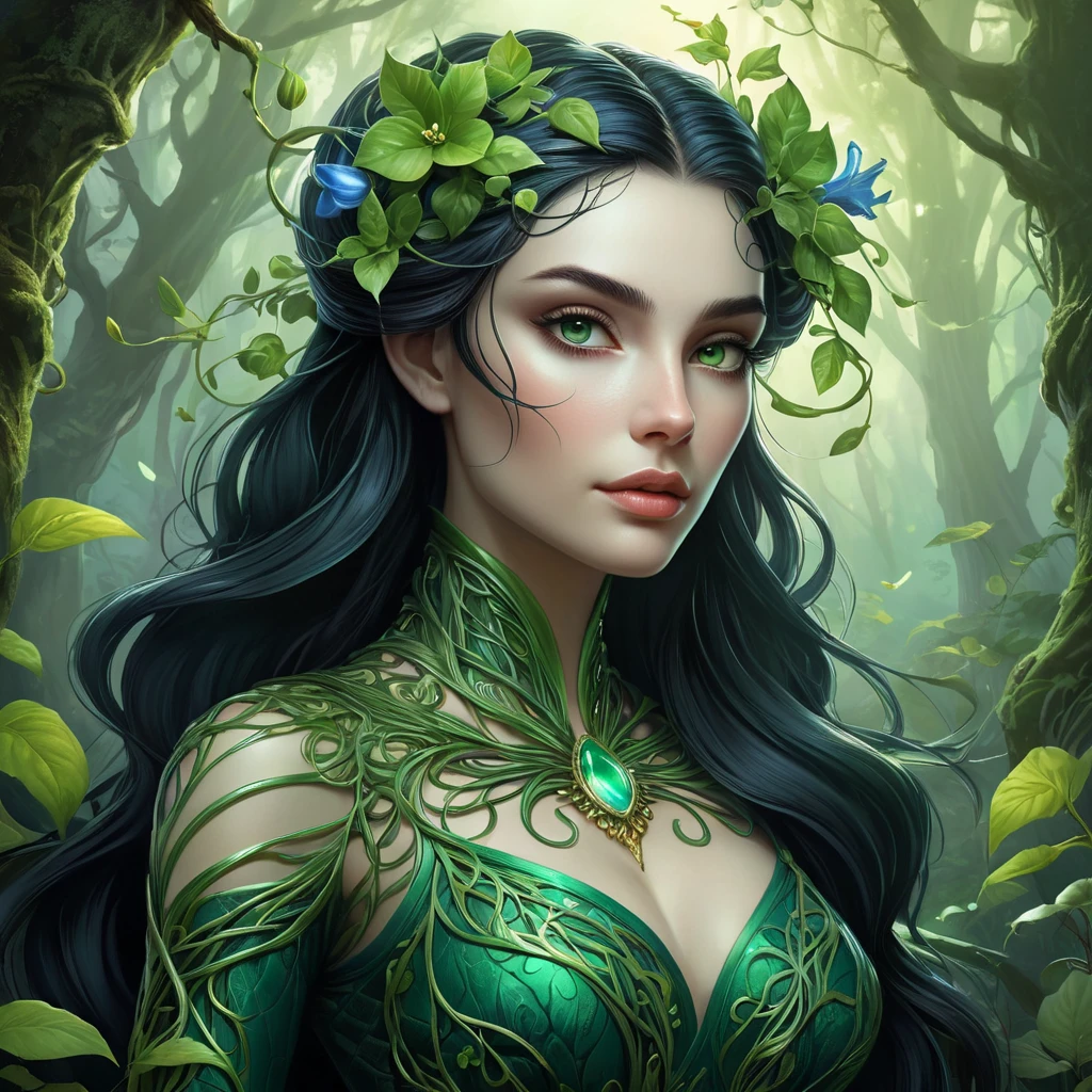 A majestic Morgana, her body composed of interwoven vines and blooming night-blooming flowers, floats above a misty forest floor, her eyes a luminous green, captured in a vibrant, fantasy illustration style.