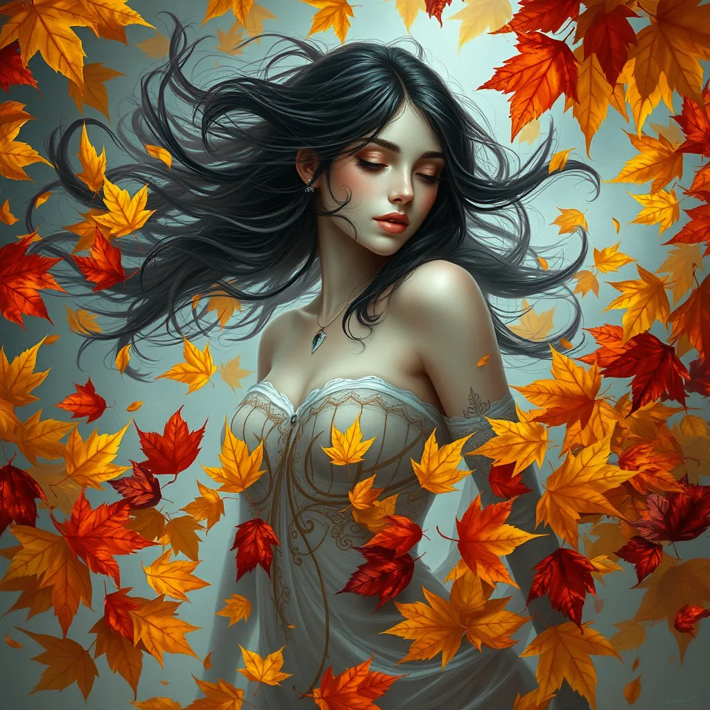 Irelia in a surrealistic scene, surrounded by a whirlwind of autumn leaves, each leaf painted in vivid hues of gold and crimson, her figure almost translucent, blending seamlessly with the natural elements.