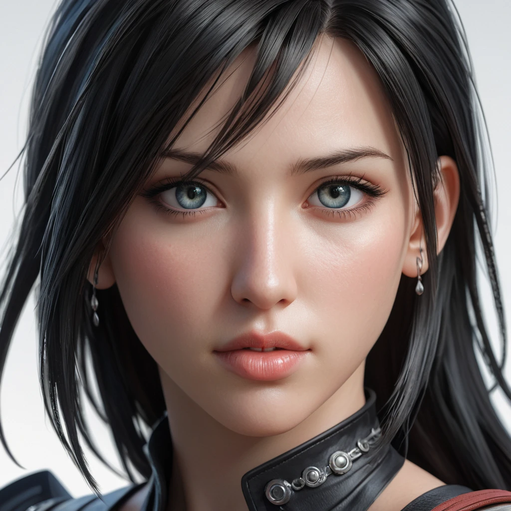 A close-up portrait of Tifa Lockhart, her eyes reflecting a fierce yet compassionate spirit, with intricate details of her clothing and accessories from Final Fantasy VII, bathed in a soft, natural light