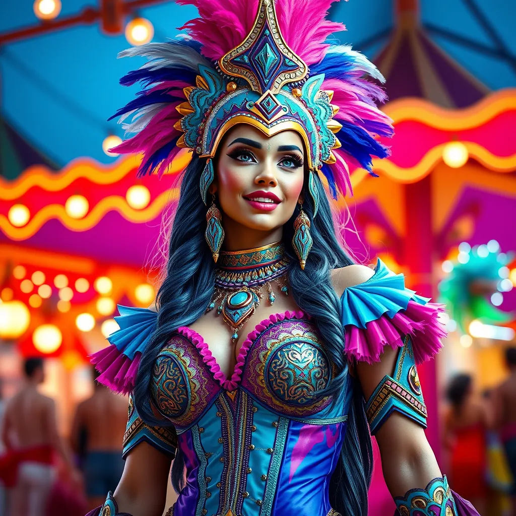 Akali in a vibrant, colorful carnival setting, dressed in a costume that combines elements of her cultural heritage with carnival flair, surrounded by festive lights and decorations.