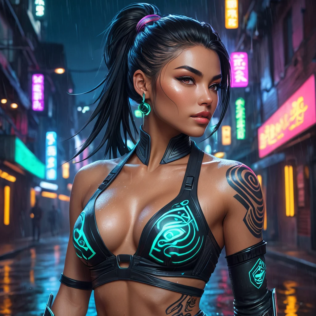 Akali in a futuristic cyberpunk setting, her body adorned with neon tattoos glowing against the dark alley backdrop, with rain-soaked streets reflecting the city lights.