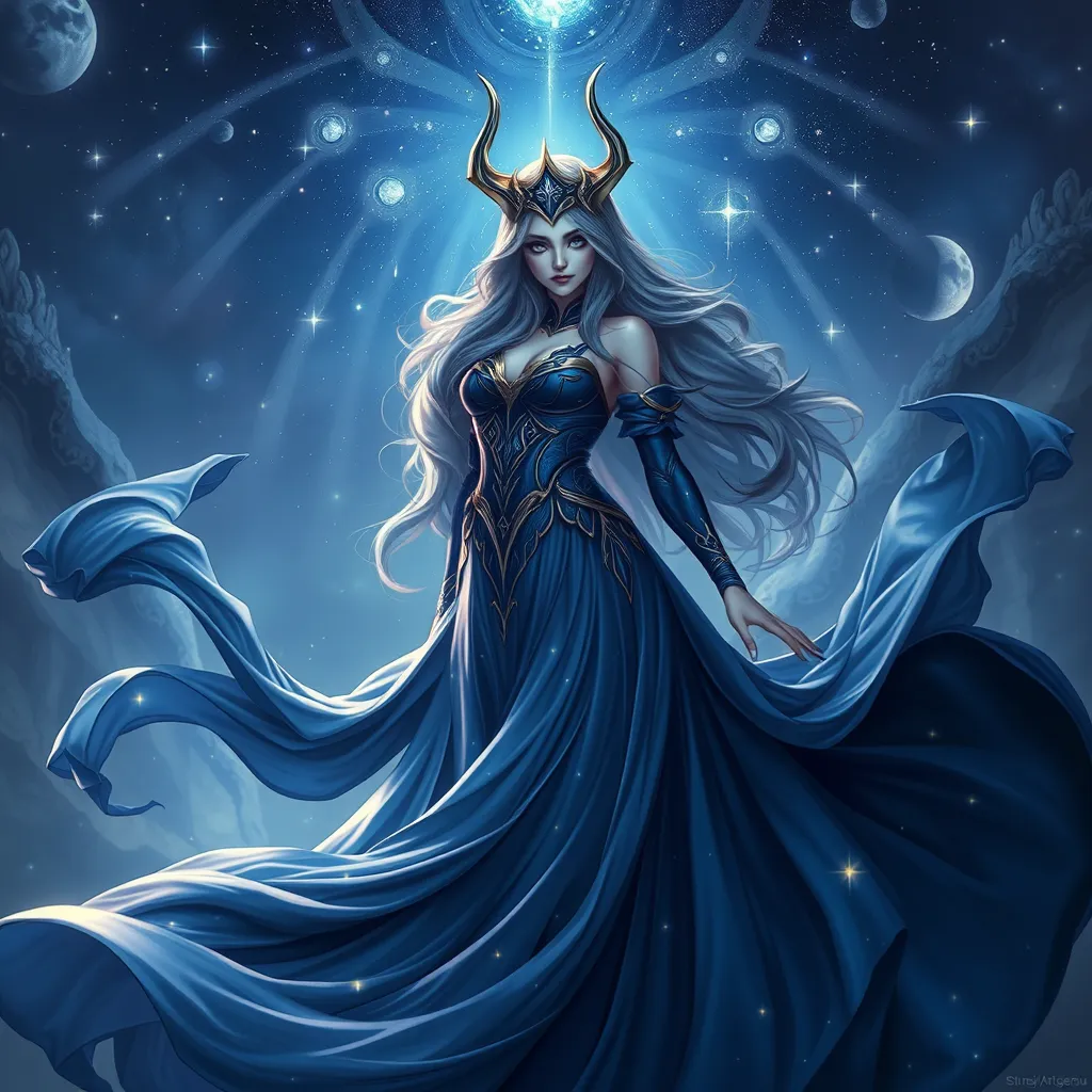 An enchanting Ahri, her form draped in a flowing, ethereal gown of midnight blue, adorned with stars and moons, standing beneath a celestial canopy, her eyes reflecting the cosmos, embodying cosmic allure.