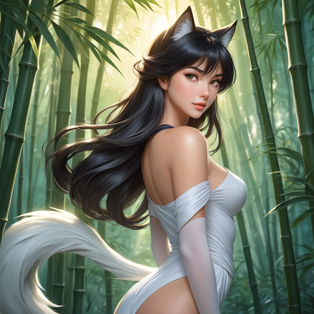 Ahri, portrayed in a classic anime style, with flowing, translucent tails and a gentle, serene expression, standing in a tranquil bamboo forest at dawn, the soft light enhancing her delicate features.