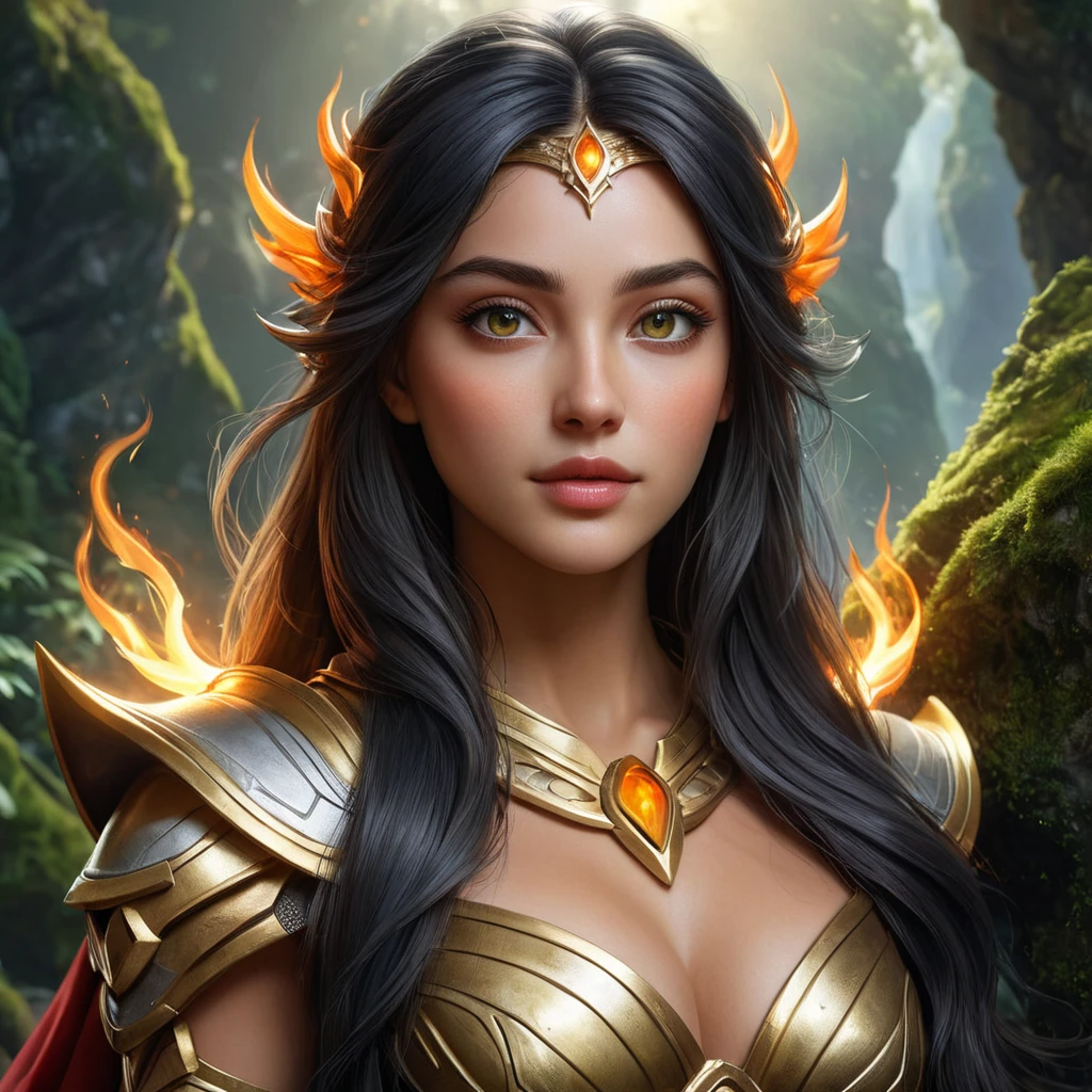 An ultra-realistic digital portrait of Irelia, her eyes shimmering with an inner fire, set against a backdrop of ancient, moss-covered stones, symbolizing her connection to the earth and resilience.