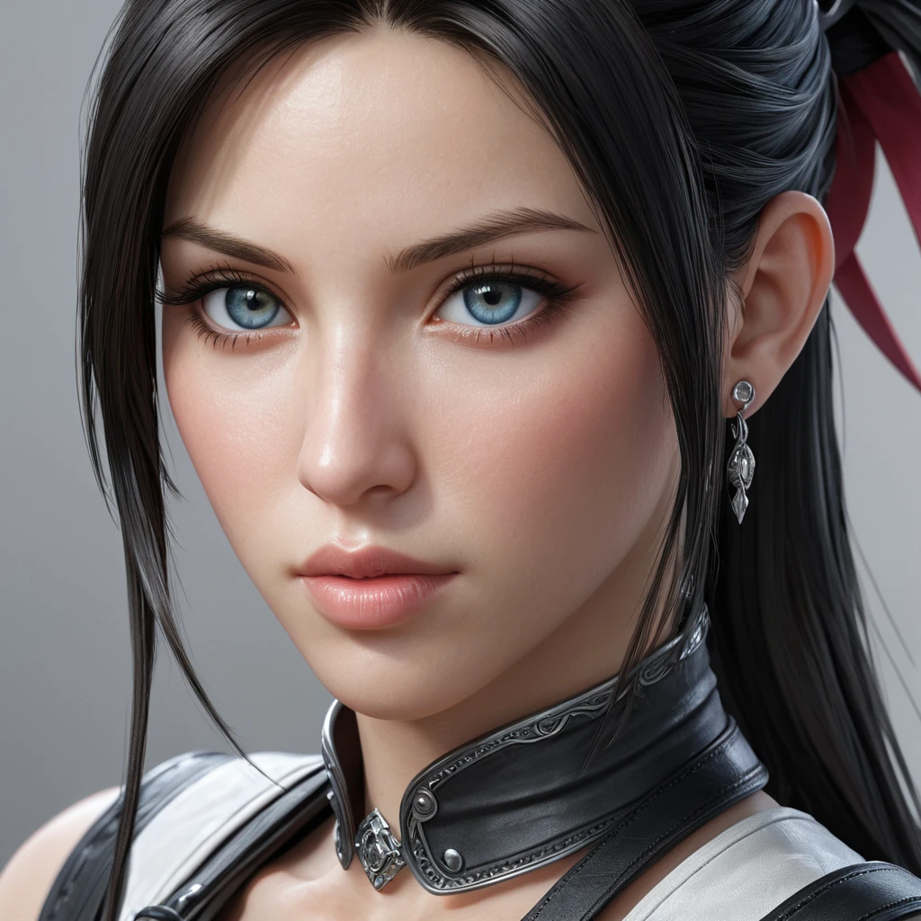 A close-up portrait of Tifa Lockhart, her eyes reflecting a fierce yet compassionate spirit, with intricate details of her clothing and accessories from Final Fantasy VII, bathed in a soft, natural light