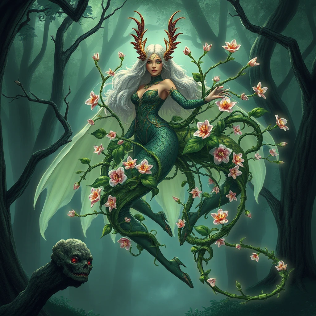 A majestic Morgana, her body composed of interwoven vines and blooming night-blooming flowers, floats above a misty forest floor, her eyes a luminous green, captured in a vibrant, fantasy illustration style.