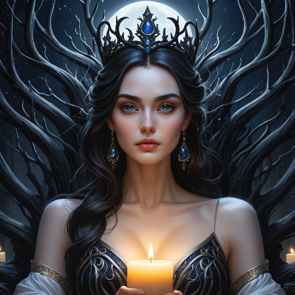 Morgana, depicted as a queen of the night, seated on a throne crafted from twisted black branches, her skin pale as moonlight, eyes glowing with an inner fire, surrounded by a halo of flickering candles,油画风格.