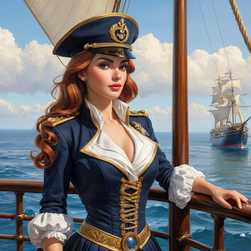 A regal Miss Fortune, dressed in a luxurious, old-world naval captain's attire, standing on the deck of a grand, antique ship, the ocean beneath her calm and serene, highlighting her leadership and maritime prowess.