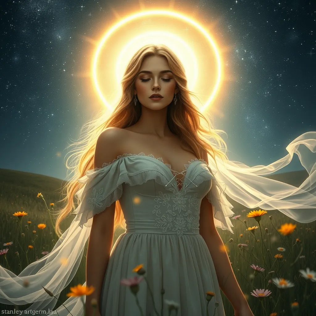 An ethereal Miss Fortune, surrounded by a halo of soft, glowing light, standing amidst a field of wildflowers under a starry night sky, her expressions softened, showcasing a rare moment of tranquility and beauty.