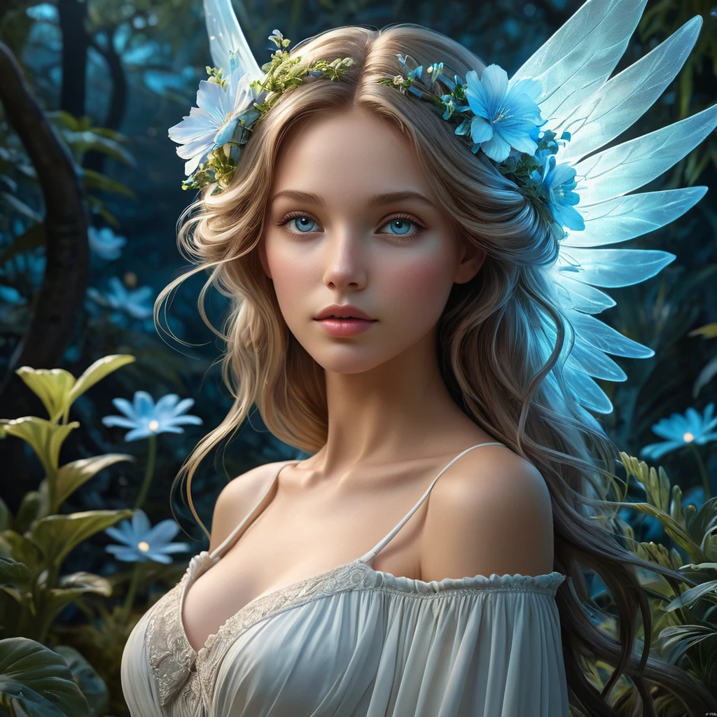 Seraphine, the angelic muse, depicted in a tranquil garden where bioluminescent plants illuminate her ethereal beauty, her eyes reflecting the cosmos, Stable Diffusion SDXL