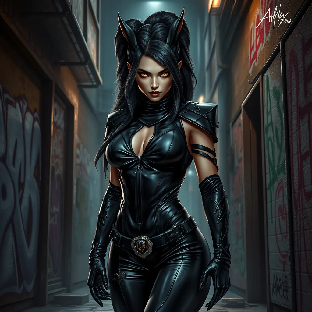 A fierce Akali clad in sleek black leather, standing in a dimly lit urban alley with graffiti-covered walls, her eyes glowing with a mysterious light.