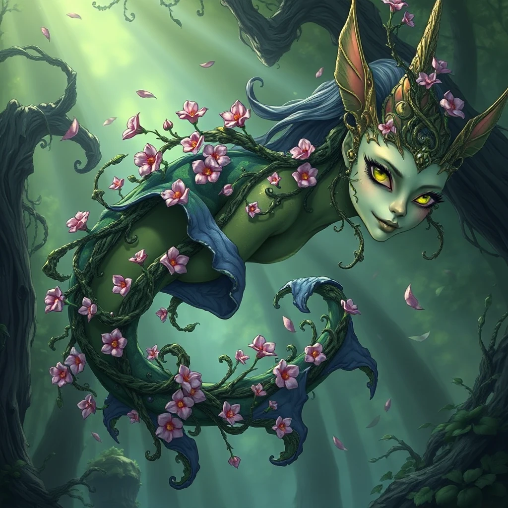 A majestic Morgana, her body composed of interwoven vines and blooming night-blooming flowers, floats above a misty forest floor, her eyes a luminous green, captured in a vibrant, fantasy illustration style.