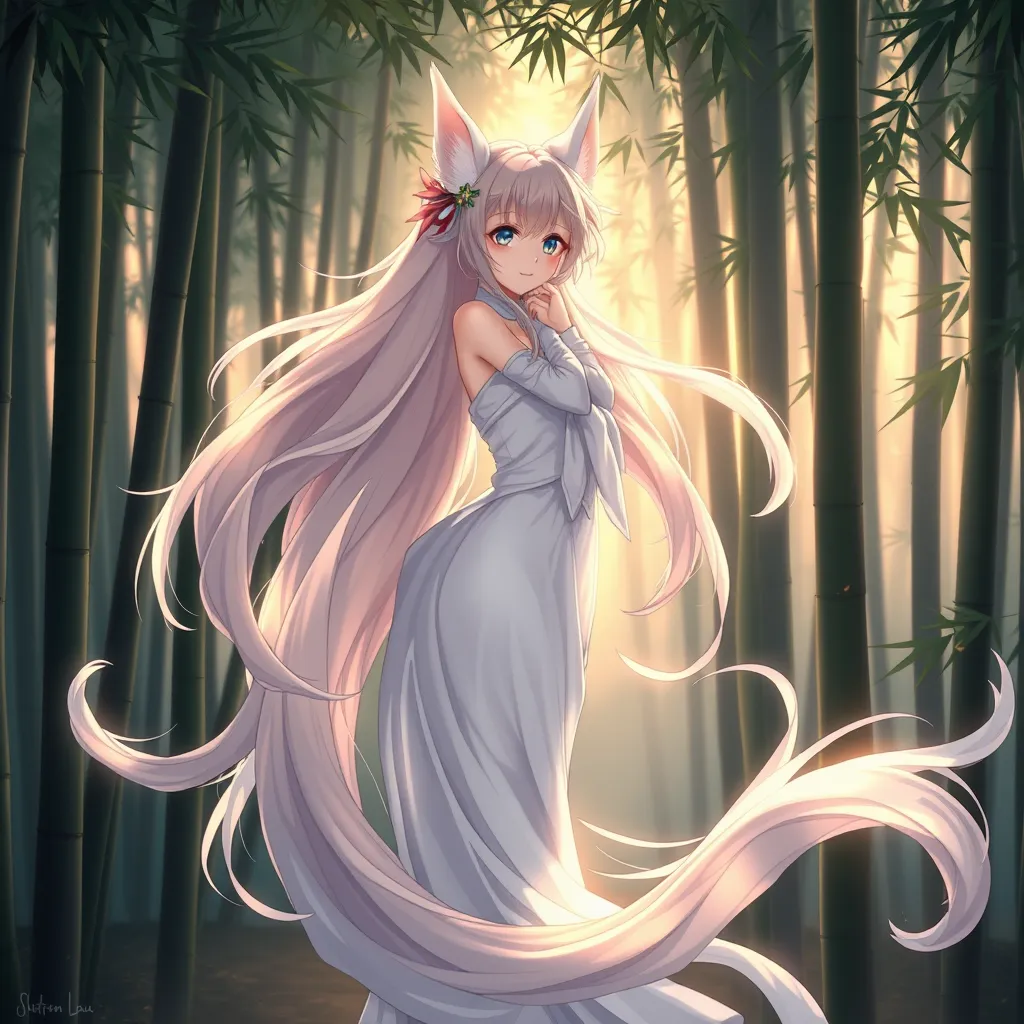 Ahri, portrayed in a classic anime style, with flowing, translucent tails and a gentle, serene expression, standing in a tranquil bamboo forest at dawn, the soft light enhancing her delicate features.