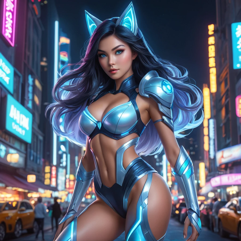 Ahri, styled in a futuristic, holographic outfit, her form dynamically posed against a backdrop of a bustling, neon-lit city at night, her eyes glowing with a captivating, otherworldly light, showcasing her dynamic and alluring persona.