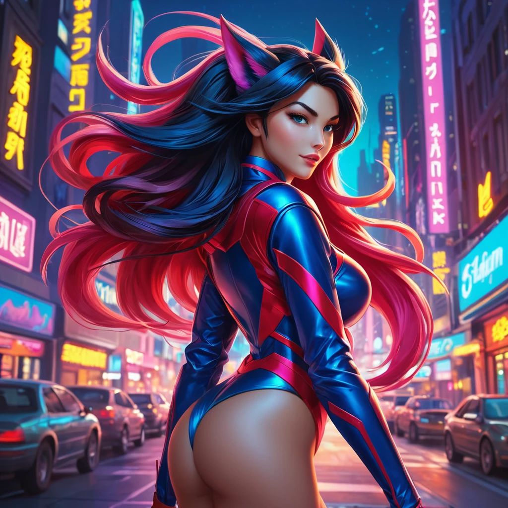 Ahri, captured in a vibrant, comic book style, with dynamic poses and bold colors, set in a bustling, futuristic cityscape at night, her tails illuminated by neon lights, showcasing her energetic and charismatic nature.