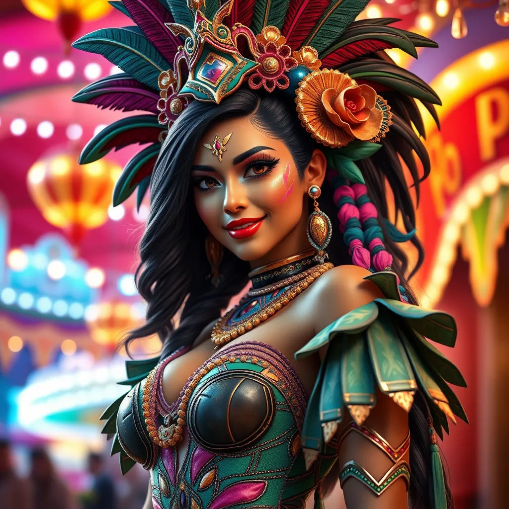 Akali in a vibrant, colorful carnival setting, dressed in a costume that combines elements of her cultural heritage with carnival flair, surrounded by festive lights and decorations.