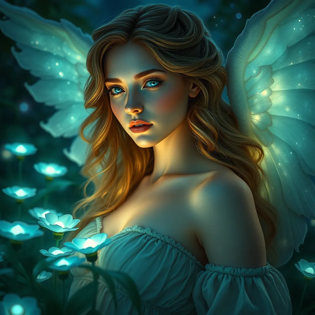 Seraphine, the angelic muse, depicted in a tranquil garden where bioluminescent plants illuminate her ethereal beauty, her eyes reflecting the cosmos, Stable Diffusion SDXL